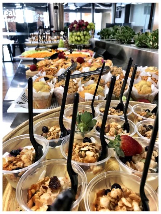 Continental breakfast of yoghurt pots and freshly baked muffins
